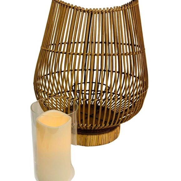 Boho Bamboo Candle Holder Lantern Glass Insert 16" Curved Rustic Home Decor Tabl - Picture 6 of 16